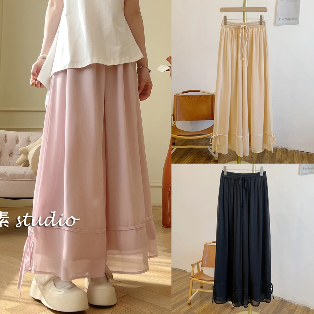 疏影MNY2606侧边蝴蝶结系带松紧腰系带阔腿裤