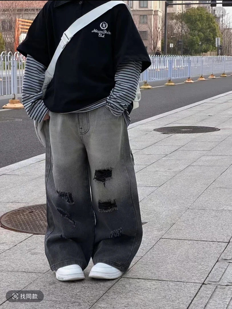 2025新款儿童春秋款破洞牛仔裤渐变直筒百搭宽松美式潮酷潮流个性