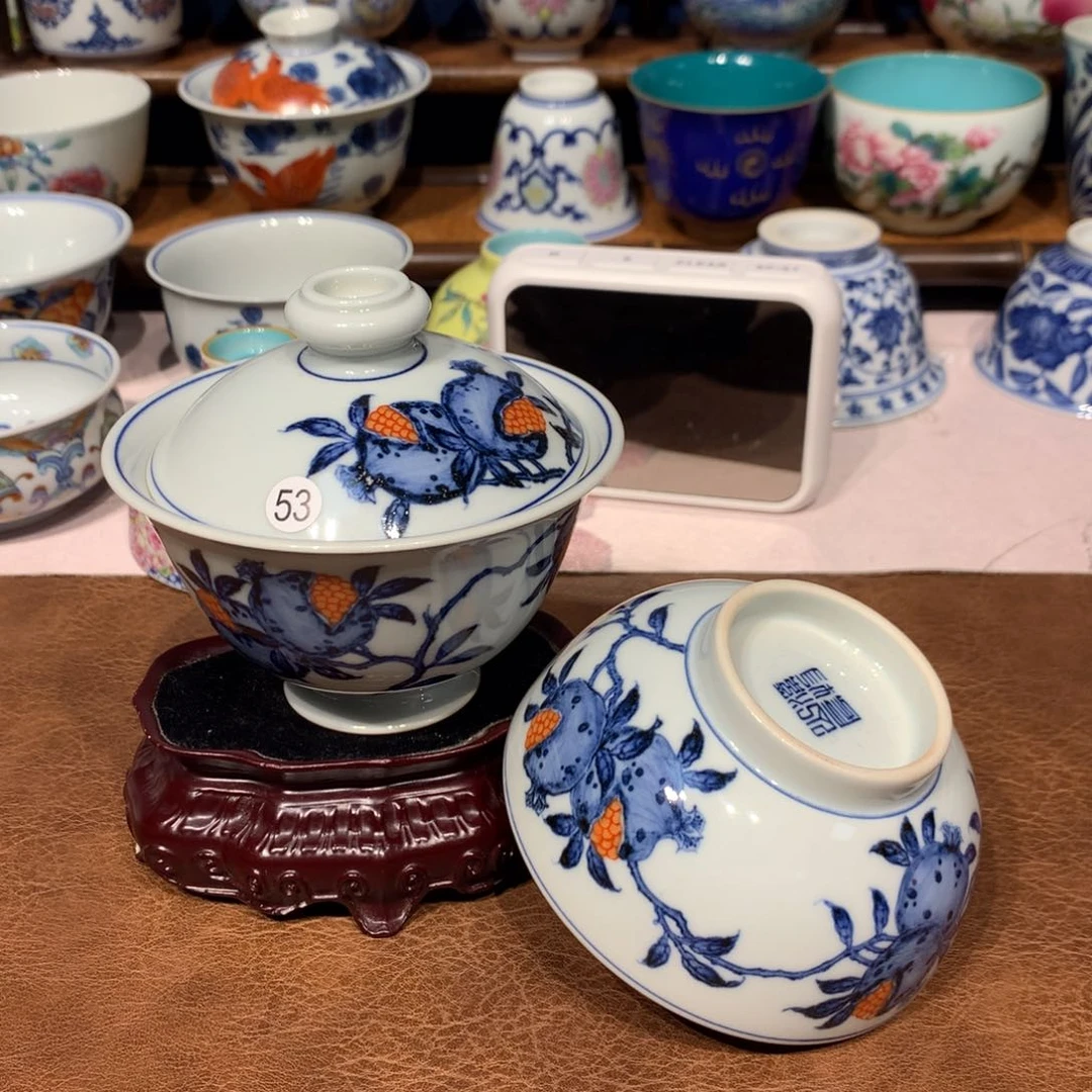 摆件3****e53青花石榴盖碗单杯微瑕啦啦啦啦