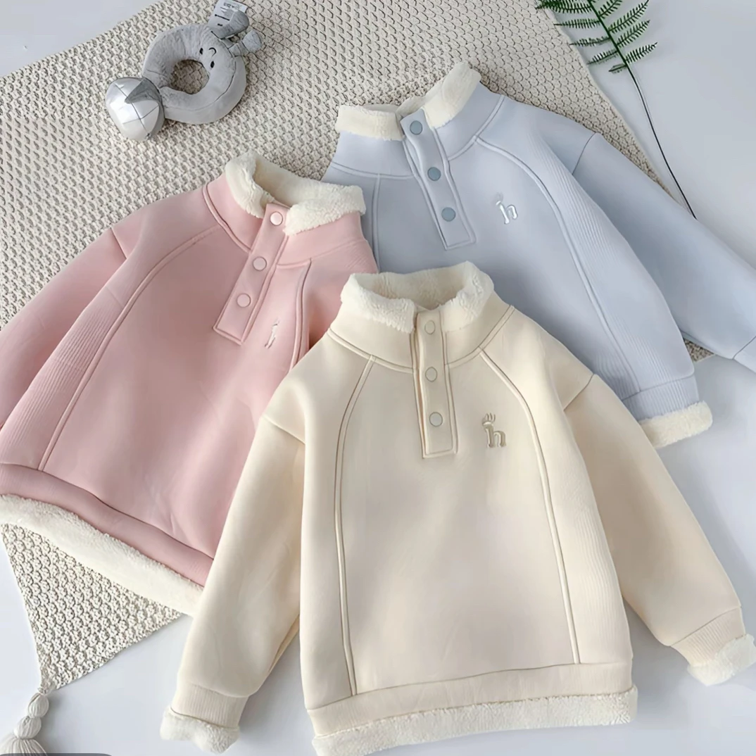 新款女童加绒卫衣加绒加厚时尚百搭冬季保暖上衣洋气长袖立领