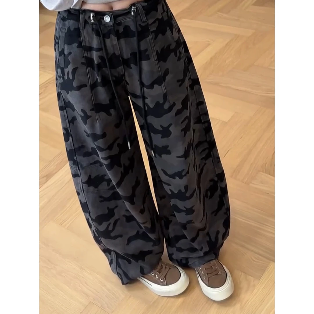 美式复古宽松迷彩阔腿裤女秋季慵懒松弛感休闲裤高腰显瘦工装裤