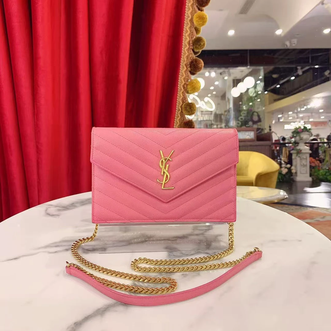 95新 YSL/圣罗兰 GGS信封包小号粉色金扣荔枝牛皮单肩包93985886