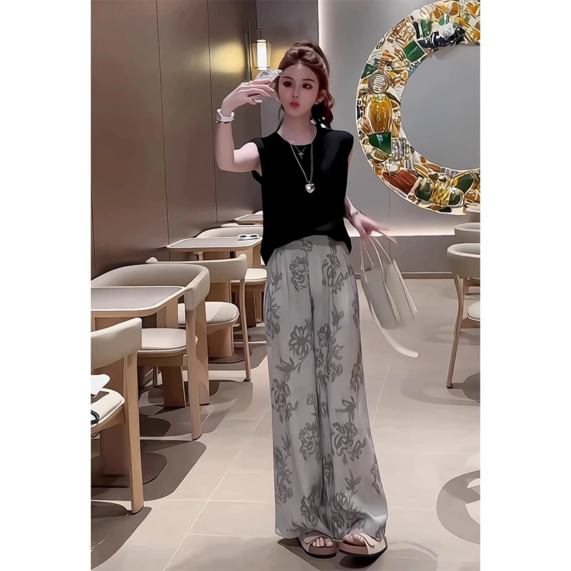 时尚套装女2025夏季新款法式轻熟风松弛感百搭上衣复古印花阔腿裤