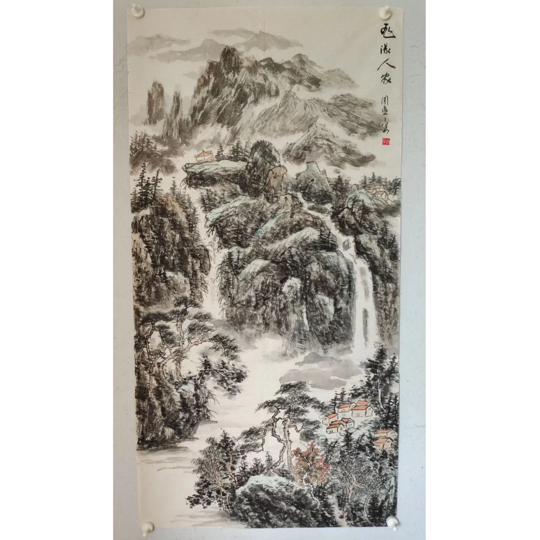 69  多年前纯手绘老字画《飞瀑人家峰》中堂  尺寸 137×68