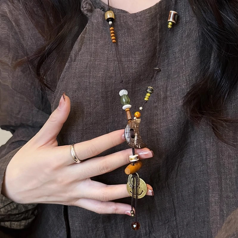 铜合金项链 新中式复古月牙串珠项链女民族风长款毛衣链气质配饰