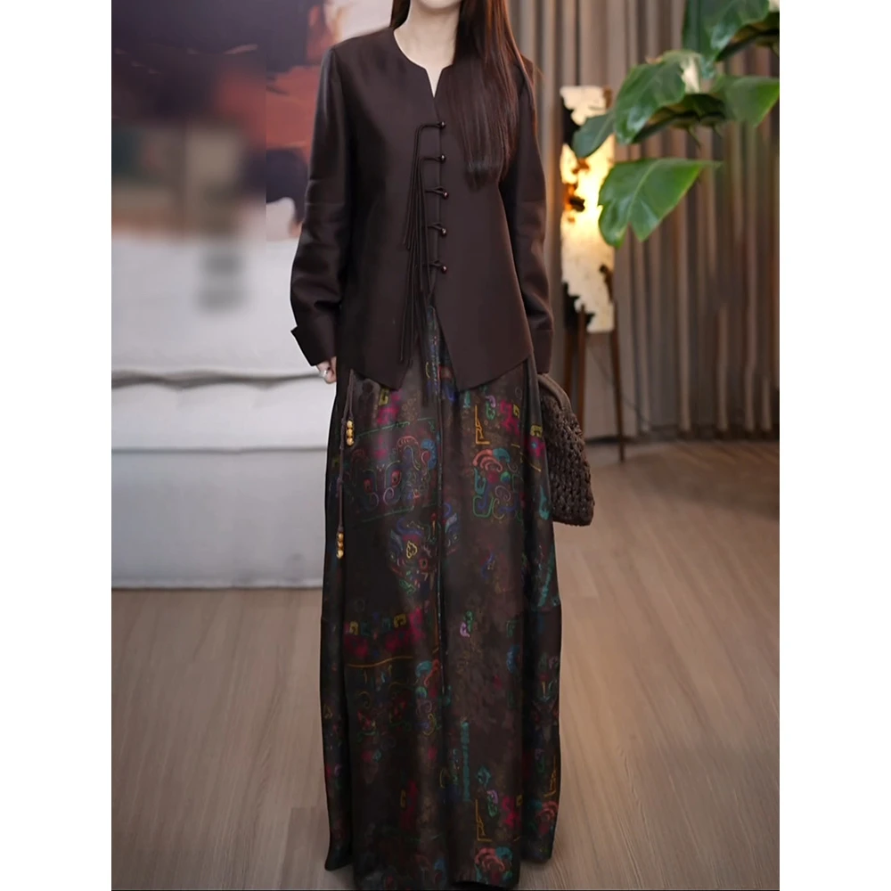 新中式高级轻奢气质套装2025新时尚百搭宽松显瘦盘扣上衣印花半裙