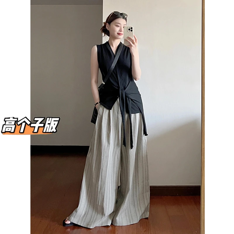 裤长110cm高个子加长老钱风条纹阔腿裤女夏慵懒松弛感休闲拖地裤