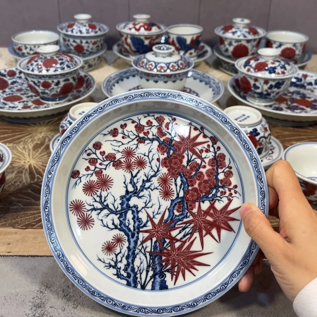 青花釉里红松竹梅壶承