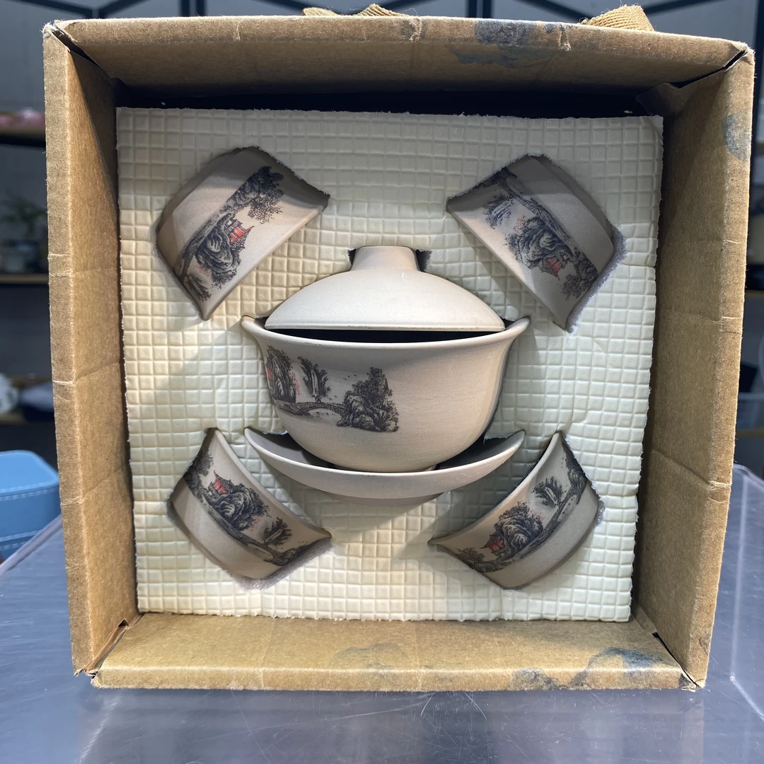 桃子茶器 粗陶【山水盖碗 4杯】-万里江山环保盒-4926（直播专享）