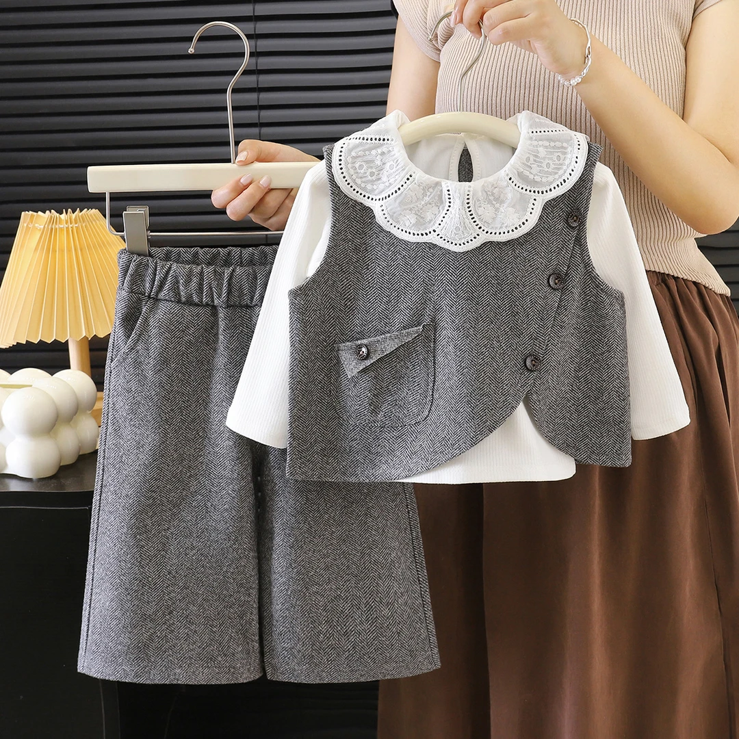 【老钱风】女童复古秋冬季两件套三件套儿童韩版打底马甲阔腿裤洋气