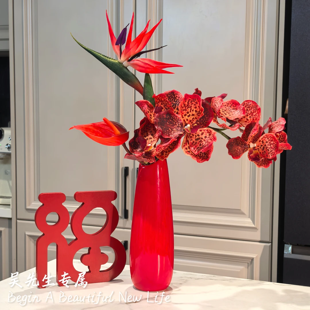 鸿运当头 万代兰天养鸟红掌手感花材 玄关客厅假花轻奢风喜庆花材