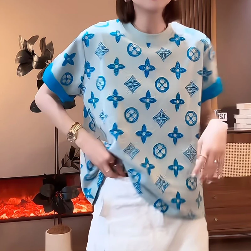 欧货时尚圆领套头T恤女2025年夏季新款减龄时尚印花宽松半袖上衣