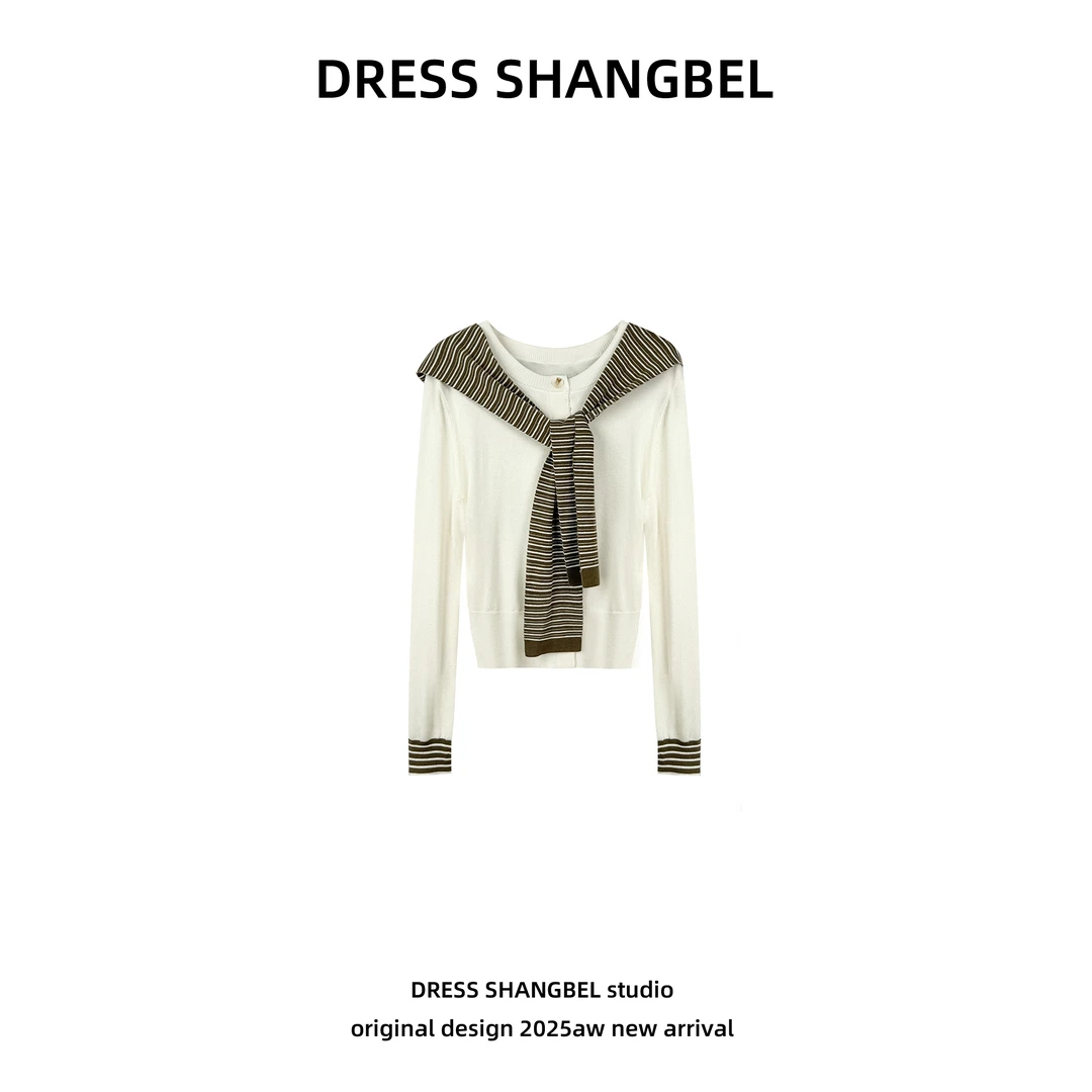 DRESS 2025新款C27百搭时尚条纹韩版假两件披肩撞色针织开衫5501H