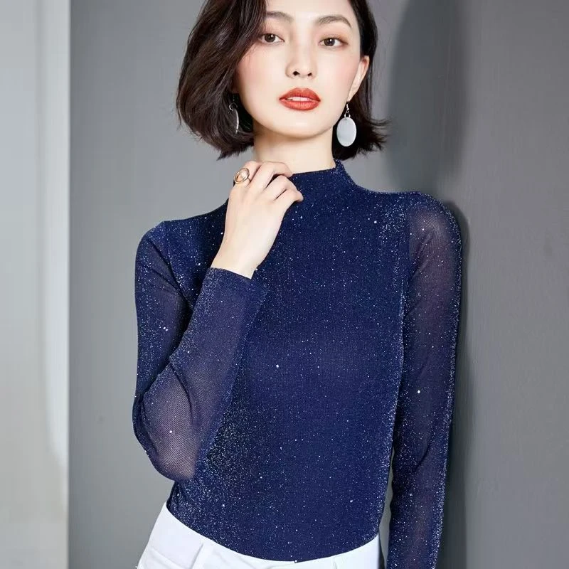 新款2025打底网纱洋气显瘦亮闪闪时尚百搭上衣长袖女788