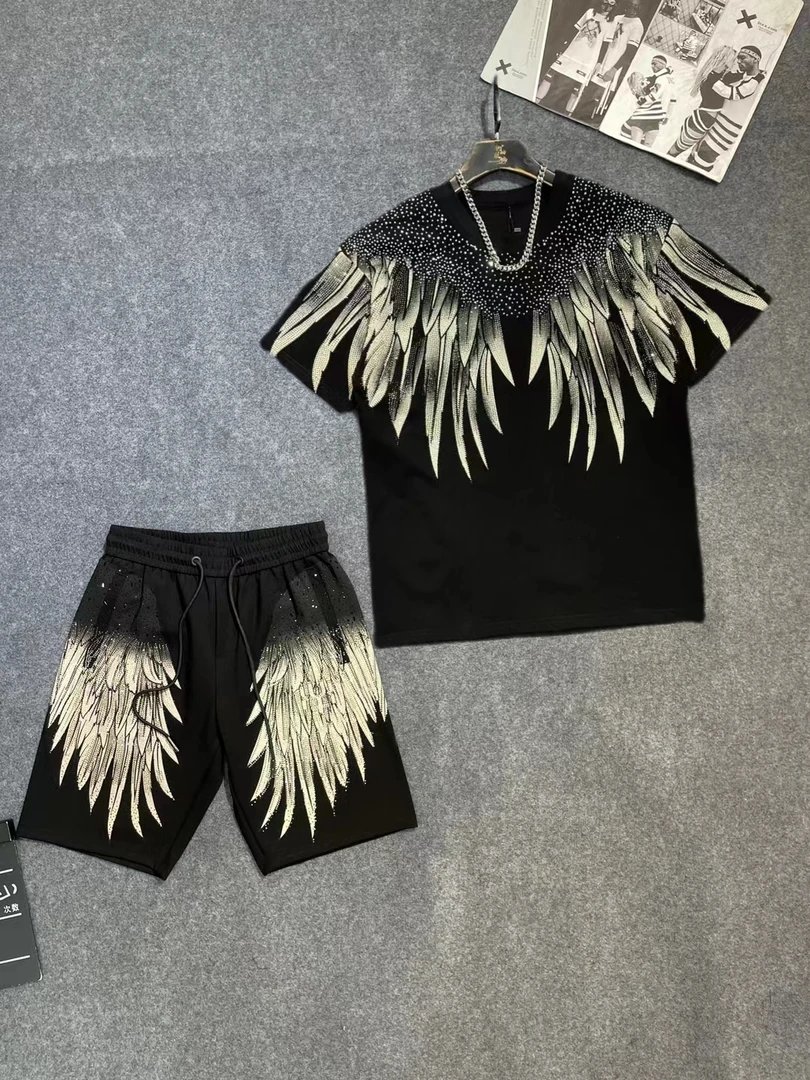 11910-765款潮牌满翅膀短裤半袖套装重工男士t恤轻奢潮流时尚休闲
