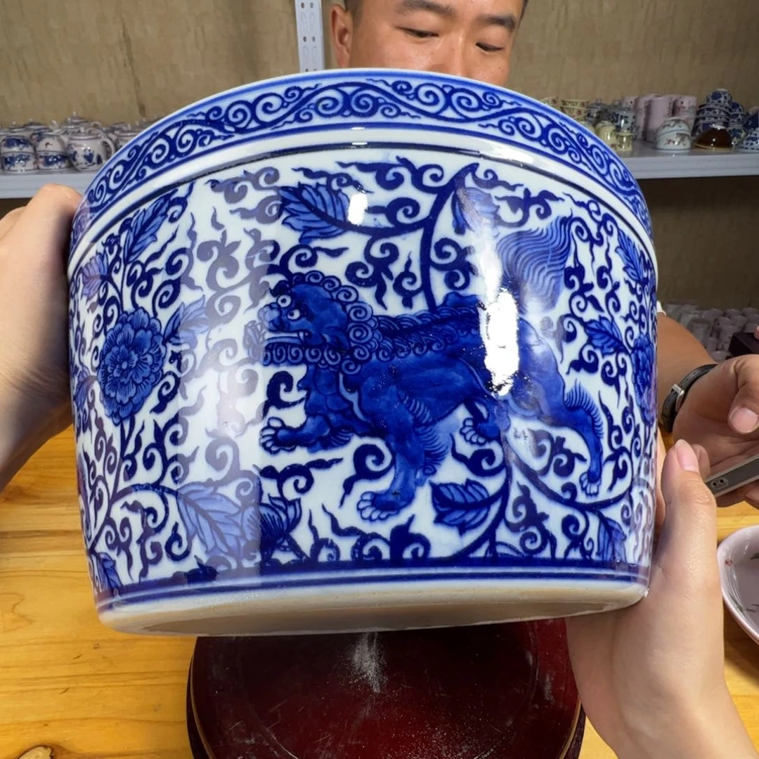 瓷片景德镇陶瓷青花狮子大缸一只