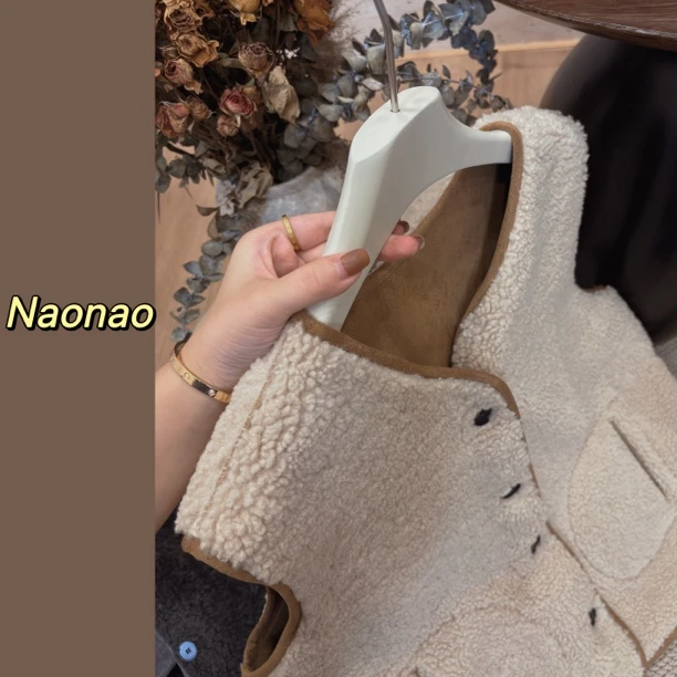 Naonao～韩版V领宽松毛毛马甲