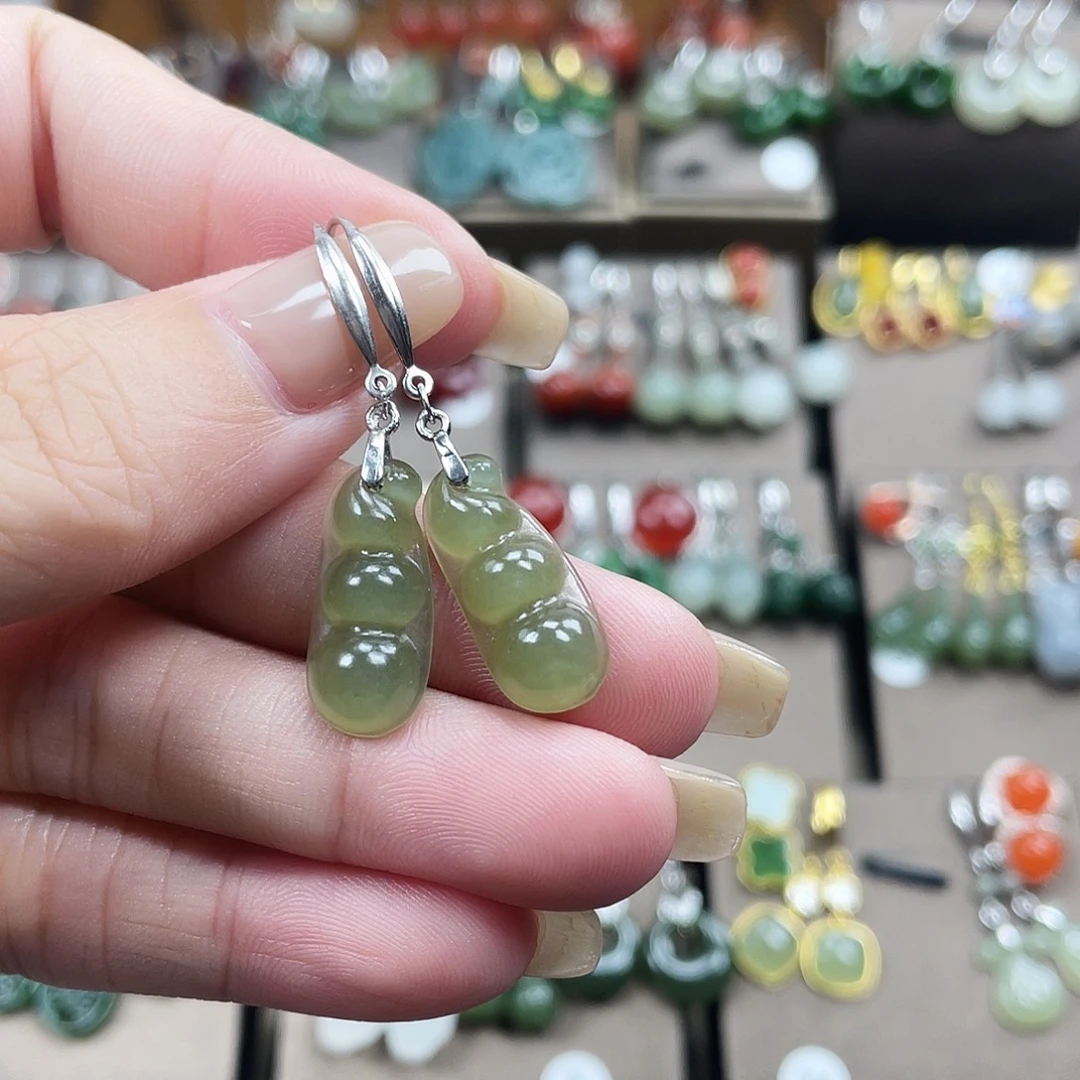 和田玉银S925镶嵌耳饰