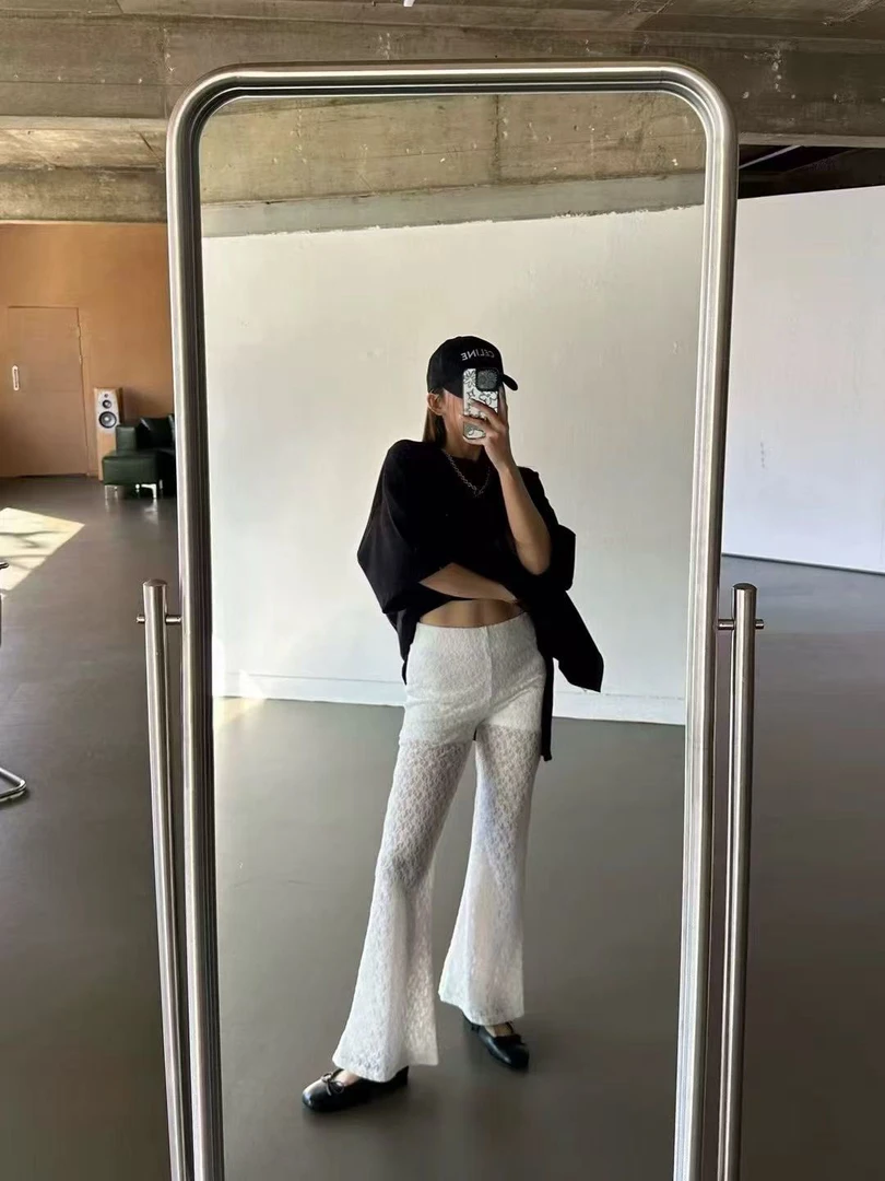 LEXI福秒（9LX7969#）性感吸晴 显身材蕾丝微喇休闲裤9-618