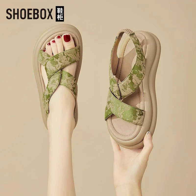 SHOEBOX鞋柜新中式鞋子厚底凉鞋女2025新款夏季软底防滑休闲凉拖