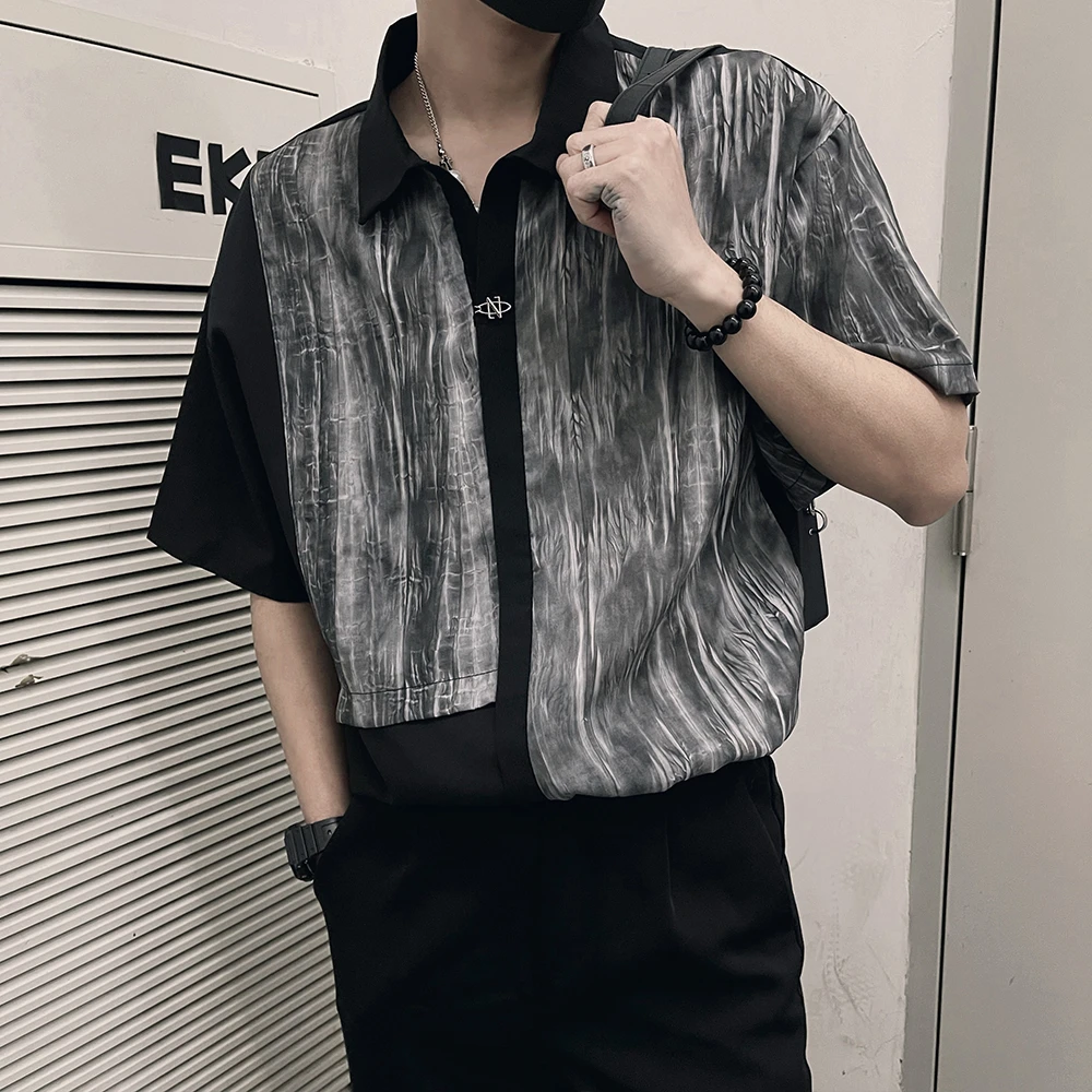 网红小众扎染短袖衬衫男夏季薄款透气宽松半袖衬衣设计感痞帅上衣