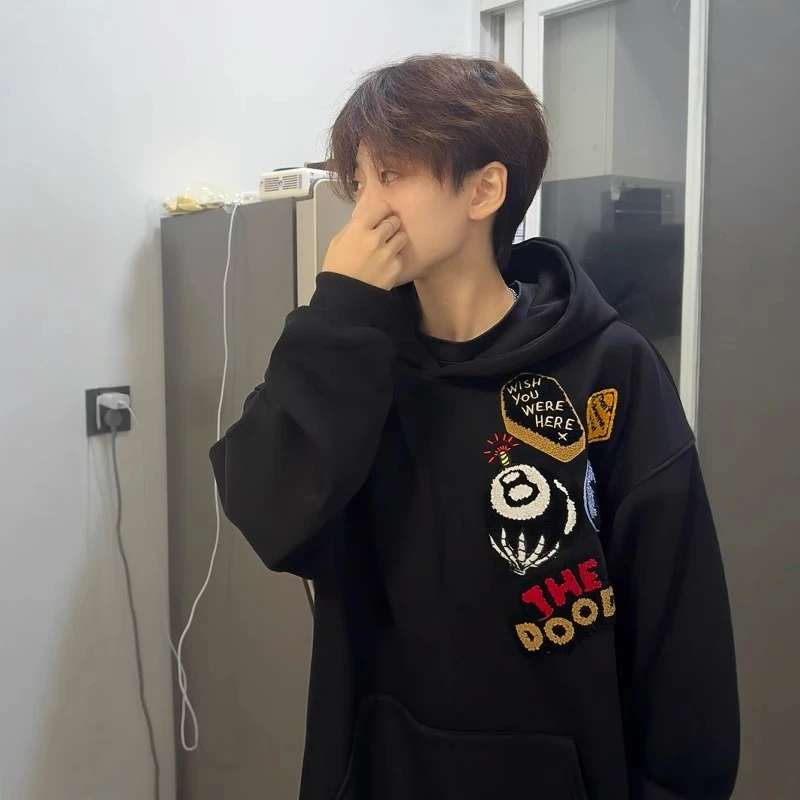 美式潮牌重磅徽章刺绣连帽卫衣男秋冬爆款显瘦设计感小众情侣上衣