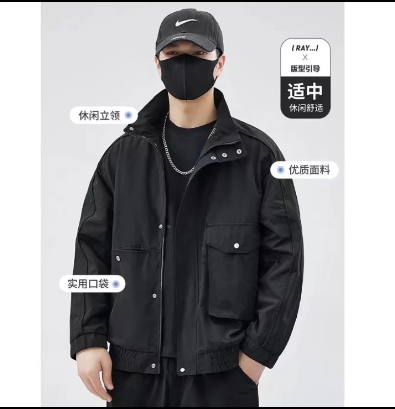 24009-黑色设计师款潮流工装连帽加厚夹克外套休闲宽松