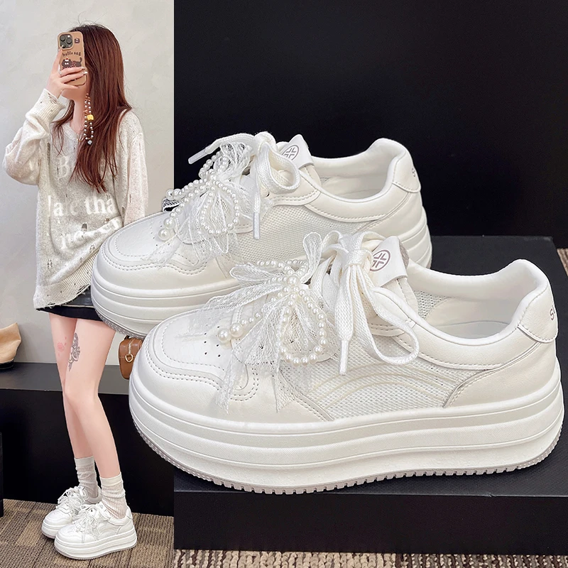 欧货厚底小白鞋女2025春季新款时尚休闲增高运动鞋珍珠蝴蝶结板鞋