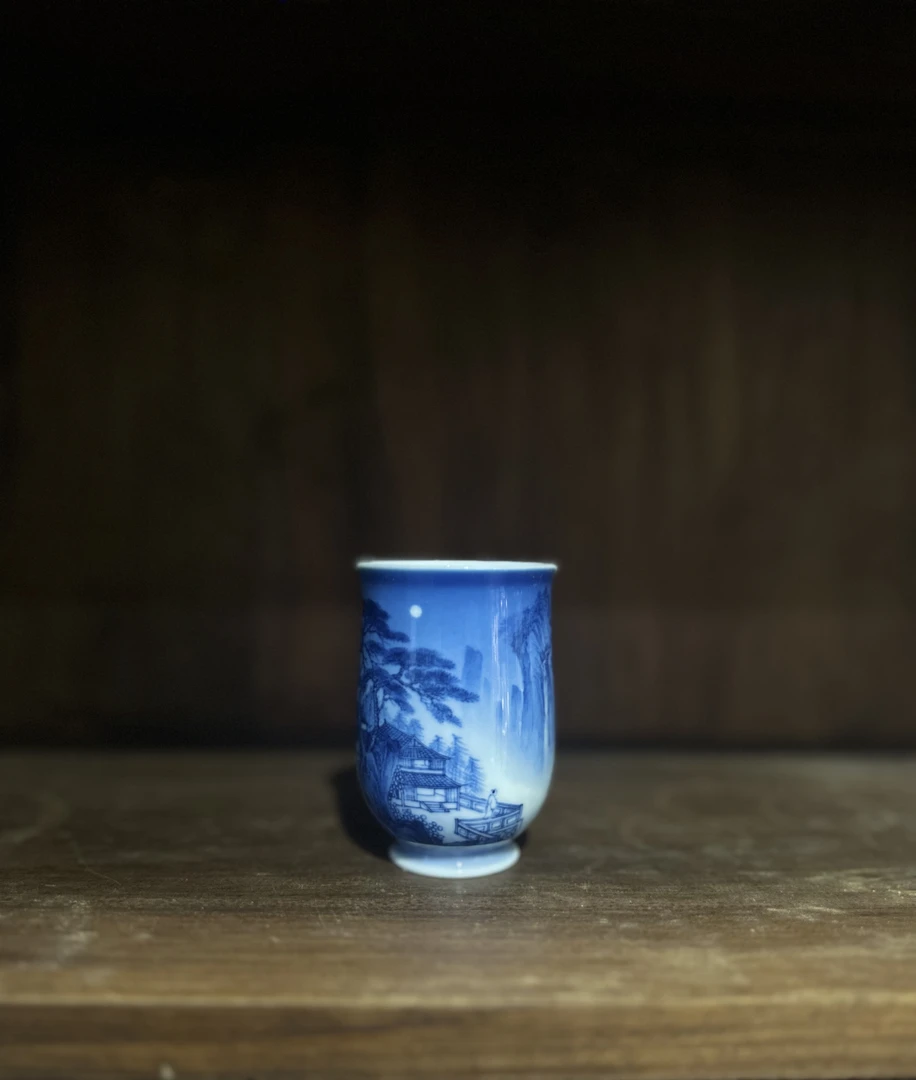 夜景可乐杯青花山水缠枝主人杯手工手绘景德镇陶瓷茶杯山水杯茶具
