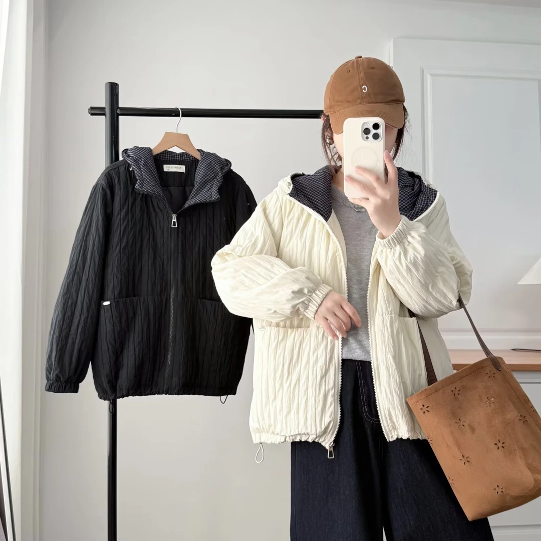 胖mm连帽手工格子拼接轻薄夹棉外套秋冬宽松显瘦休闲棉服冬季大码