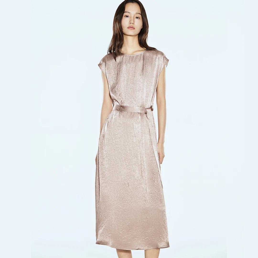 COVERINS2025夏季新品短袖收腰高级缎面感醋酸连衣裙CC35205010