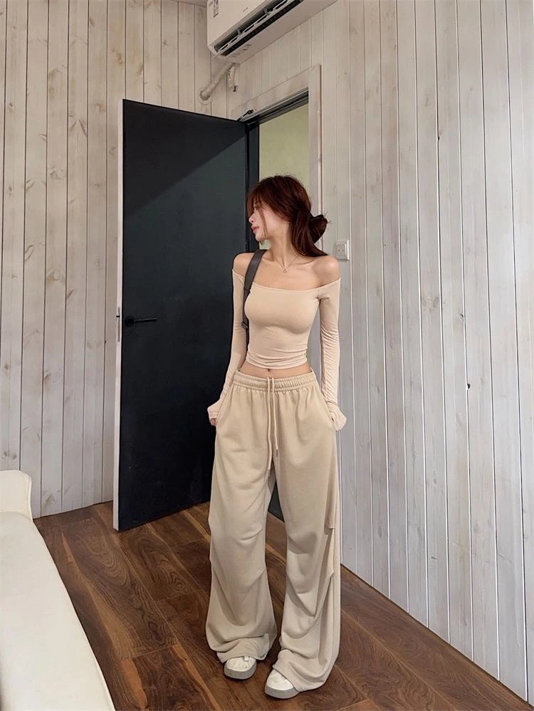 美式辣妹修身一字肩长袖上衣女秋季宽松显瘦休闲阔腿裤两件套装