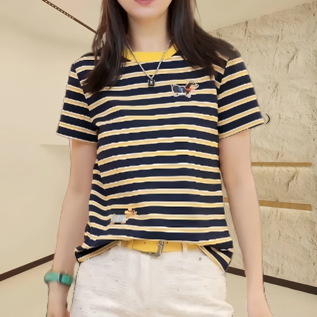 设计感休闲条纹T恤女2025春夏创意短袖显瘦洋气时尚百搭打底衫女