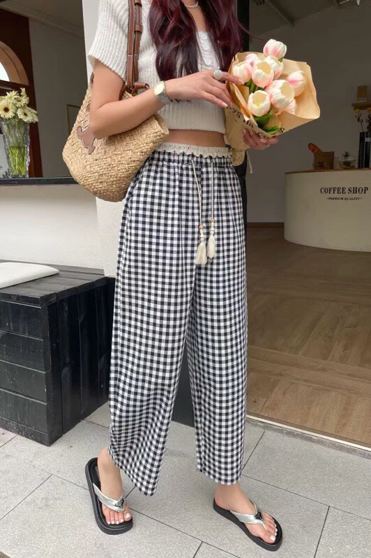 9065意凡夏季格子高腰薄款休闲裤九分裤