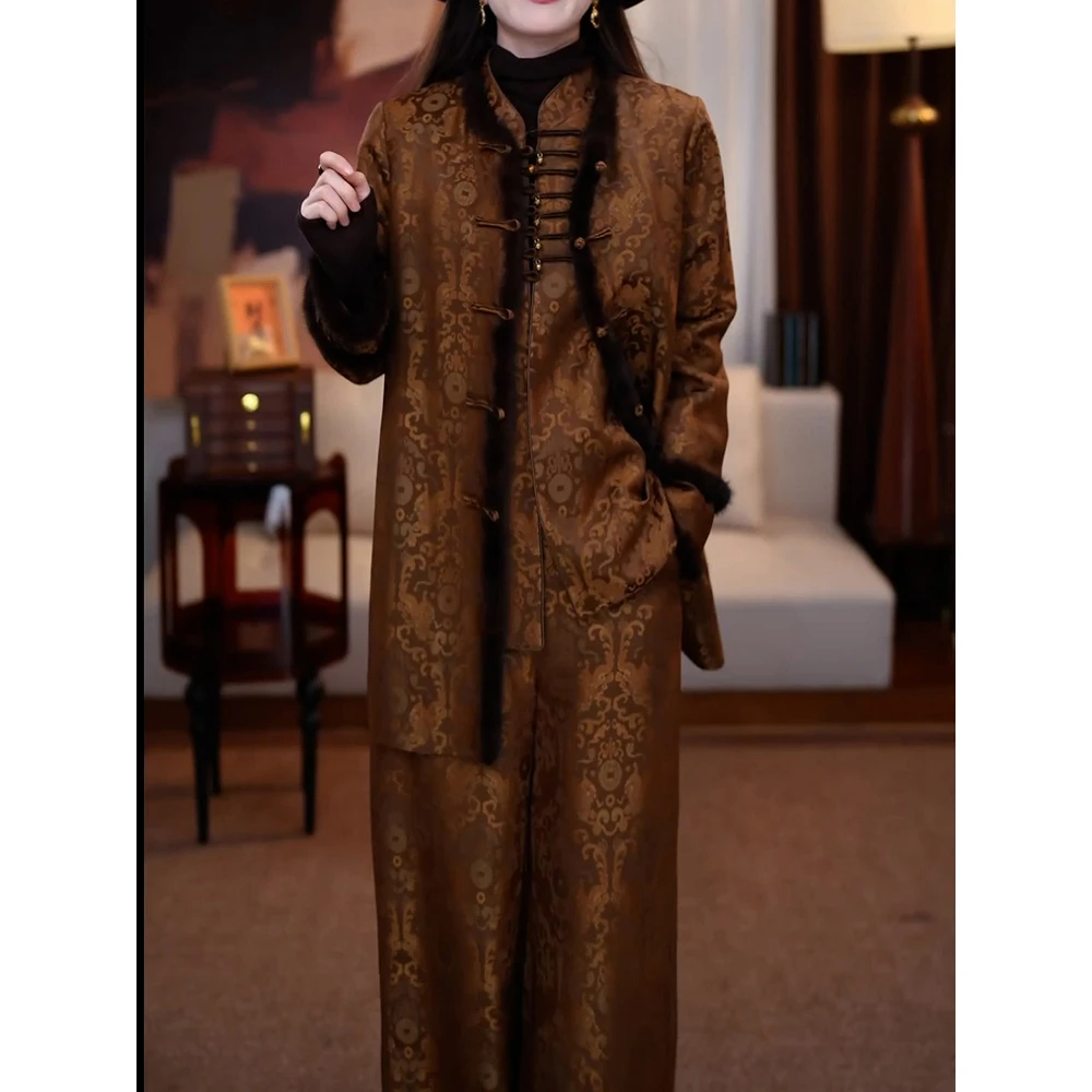 复古国风裤套装2025秋冬新款新中式高级时尚印花外套+马甲+裤子