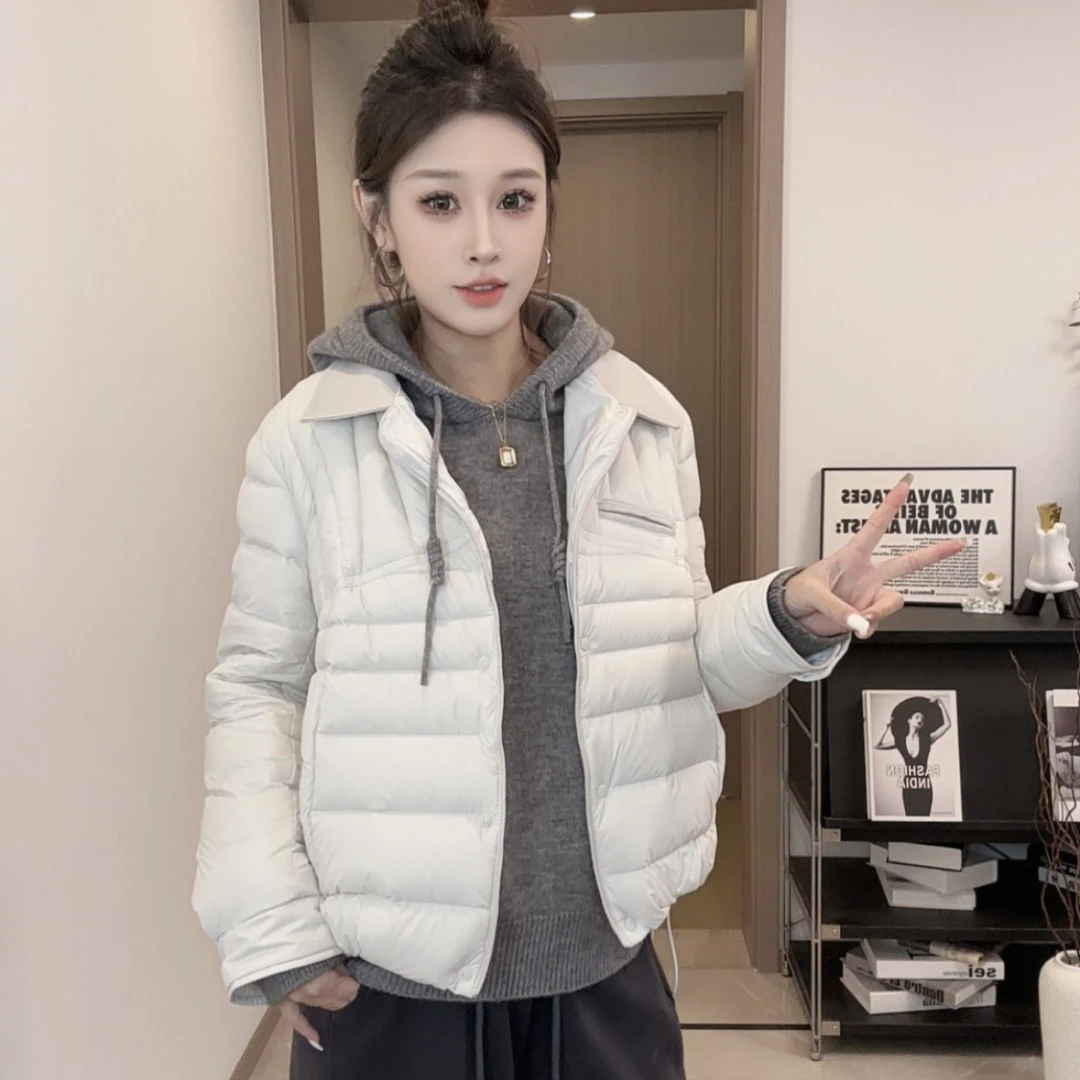 冬季休闲百搭经典拼接翻领短款羽绒服