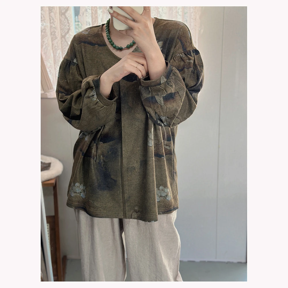 ZR062 秋季加厚新款宽松印花圆领长袖T恤女士休闲上衣