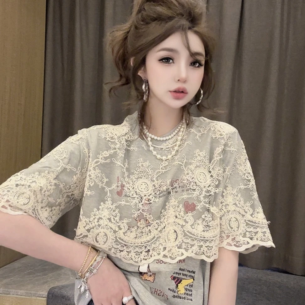 春夏季新款镂空蕾丝假两件短袖显瘦洋气时尚百搭宽松设计感T恤ins
