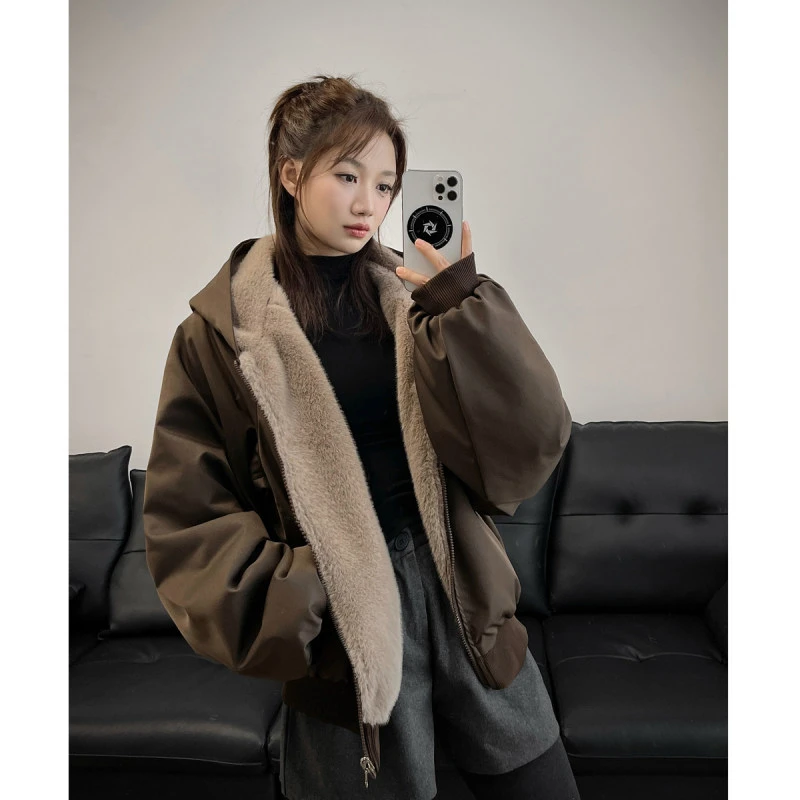 座山雕大码美式复古双面穿加绒连帽外套女冬季宽松保暖百搭上衣m