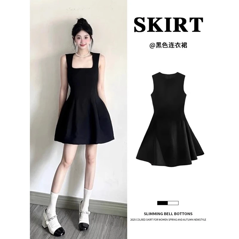 黑色方领赫本风无袖连衣裙女夏天绝美漂亮小黑裙子a字掐腰短款裙