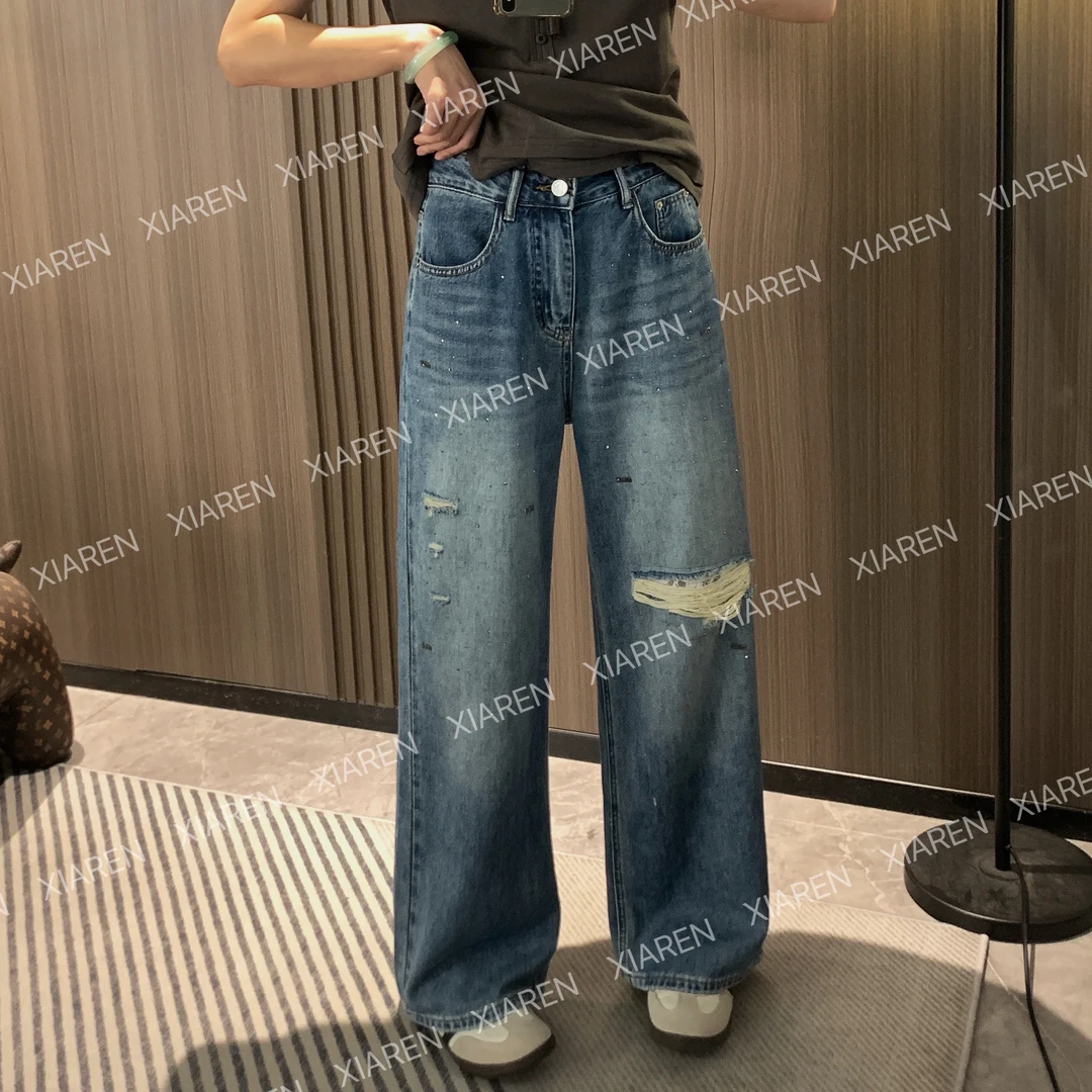 XIAREN【miu系烫钻牛仔阔腿裤】休闲百搭显瘦显高牛仔裤新款裤子女
