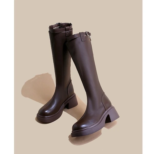 美拉德棕色厚底长筒靴不过膝靴子秋冬小个子长靴高筒骑士靴粗跟靴