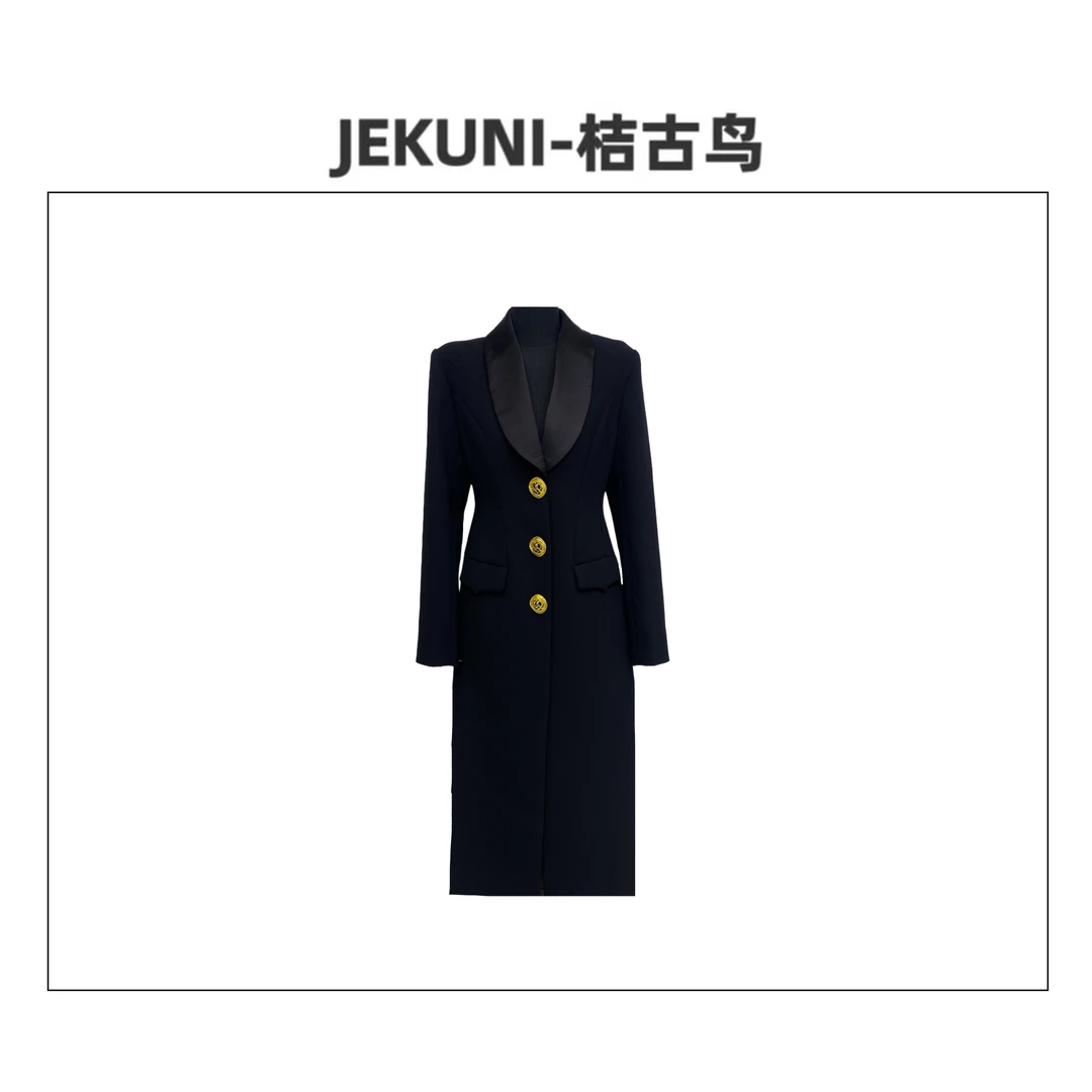 JEKUNI/桔古鸟【高冷姐系】黑色长款大衣高定轻奢时尚设计师外套