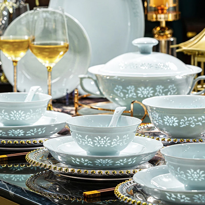 青瓷玲珑6寸面碗 景德镇高温陶瓷碗碟餐具缠枝莲 釉下彩家用高档