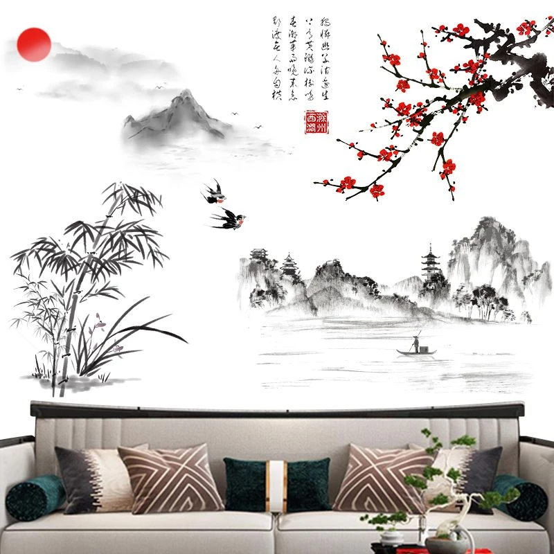 水墨山水画贴纸自粘客厅电视背景墙中国风布置竹子遮丑装饰墙贴画
