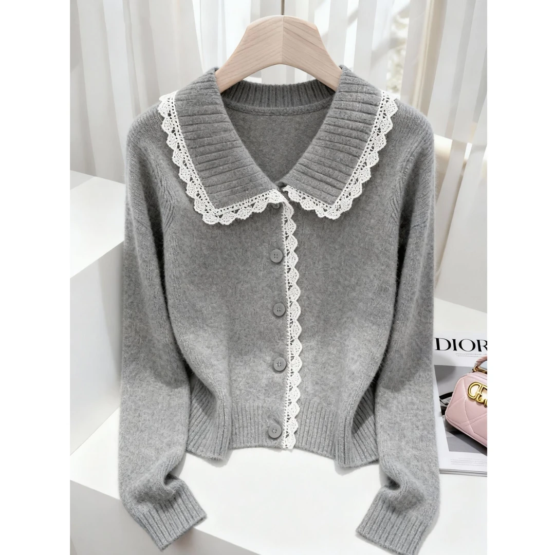 高级感百搭减龄上衣2025秋冬季新款长袖娃娃领灰色毛衣针织开衫女
