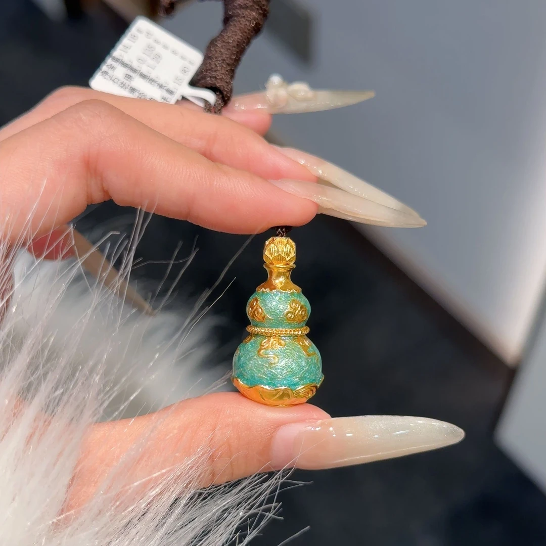 足金999 【古韵星光珐琅葫芦吊坠（蓝绿）】