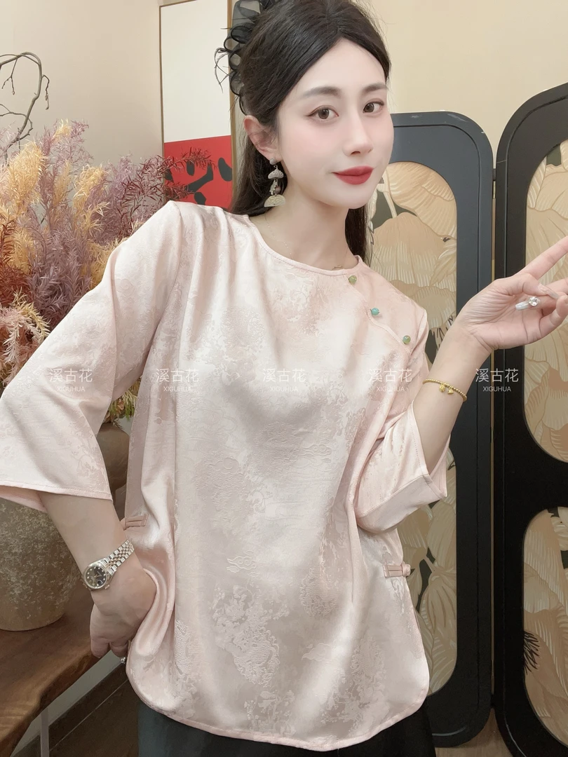 【静临风】 夏季白色圆领提花新中式简约显瘦女时尚气质百搭宽松