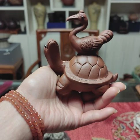 茶杯紫砂@****烟龟鹤延年摆件手工制作