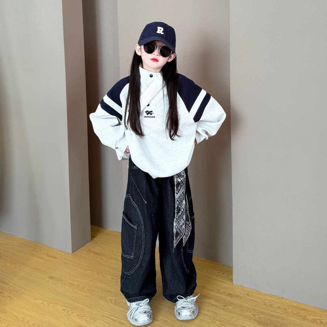 女童2025新款中大童韩版洋气春秋季时尚宽松上衣丝带牛仔裤套装潮